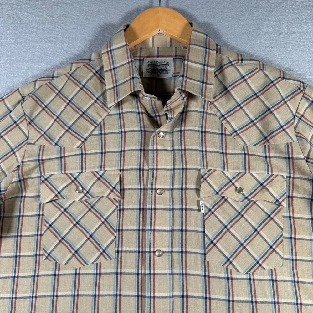 Levis Mens Vintage Western Pearl Snap Shirt Tan Plaid Long Sleeve Large WPL 423